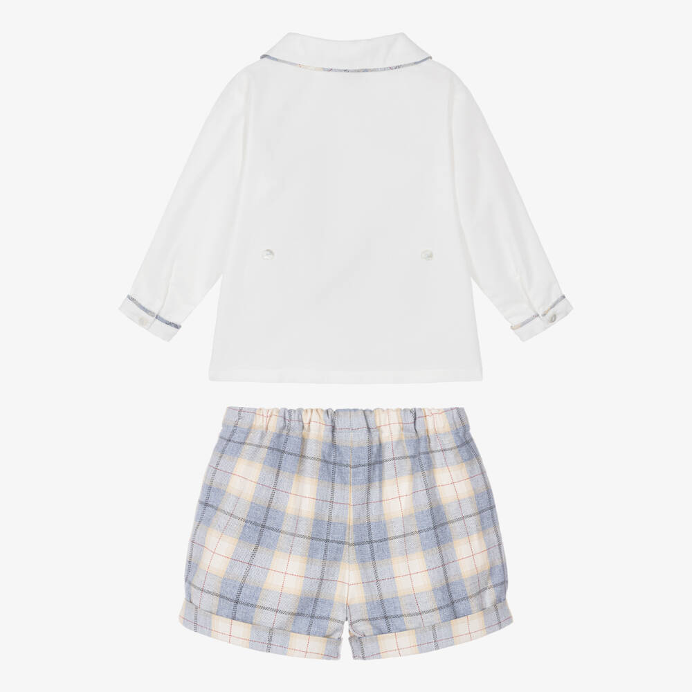 سارا لويز-Boys White & Pale Blue Check Cotton Buster Suit | Childrensalon Outlet