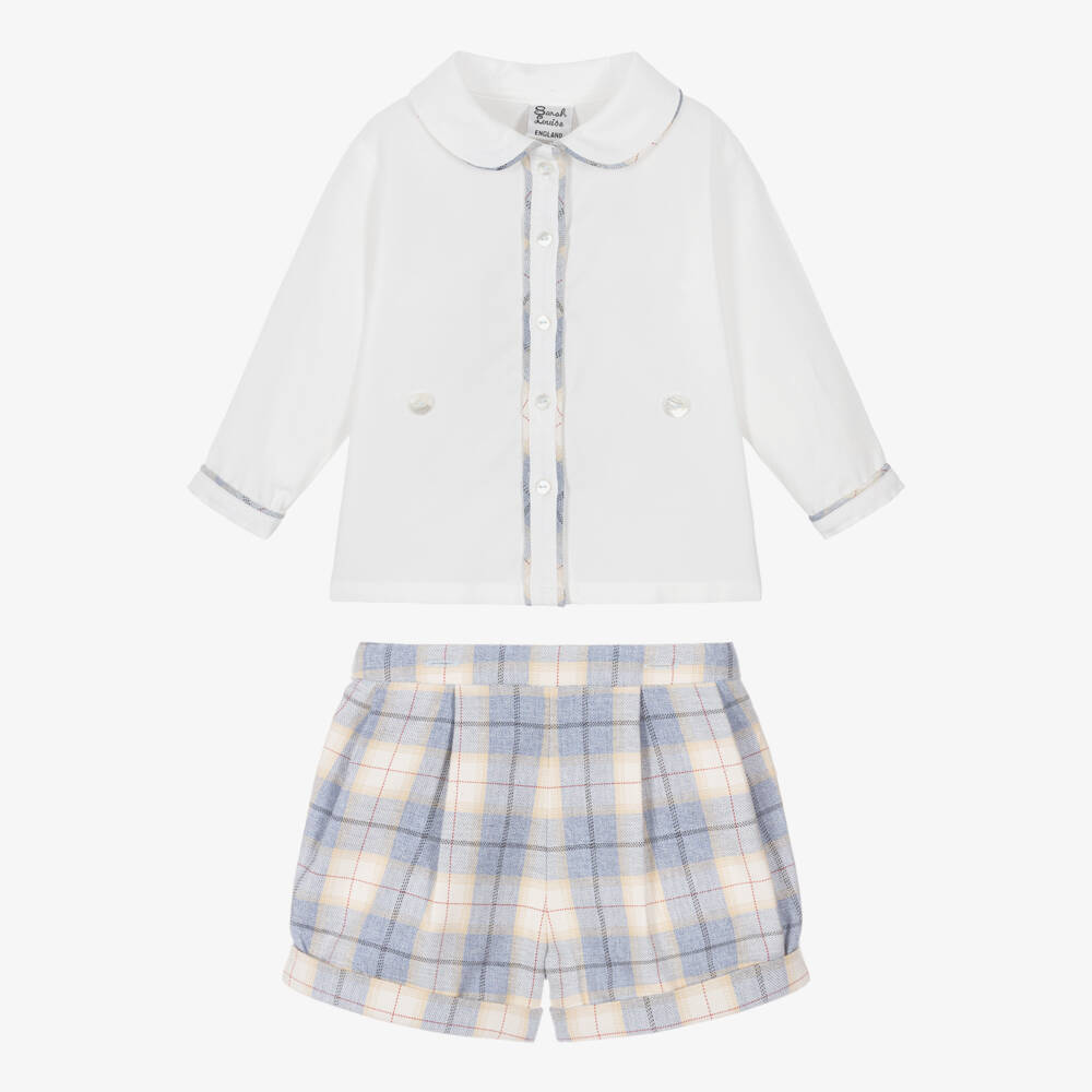 سارا لويز-Boys White & Pale Blue Check Cotton Buster Suit | Childrensalon Outlet