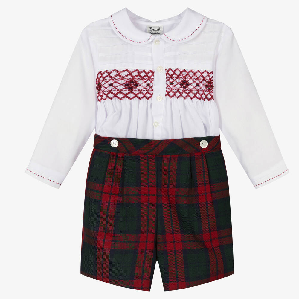 Sarah Louise - Boys White & Red Tartan Buster Suit | Childrensalon