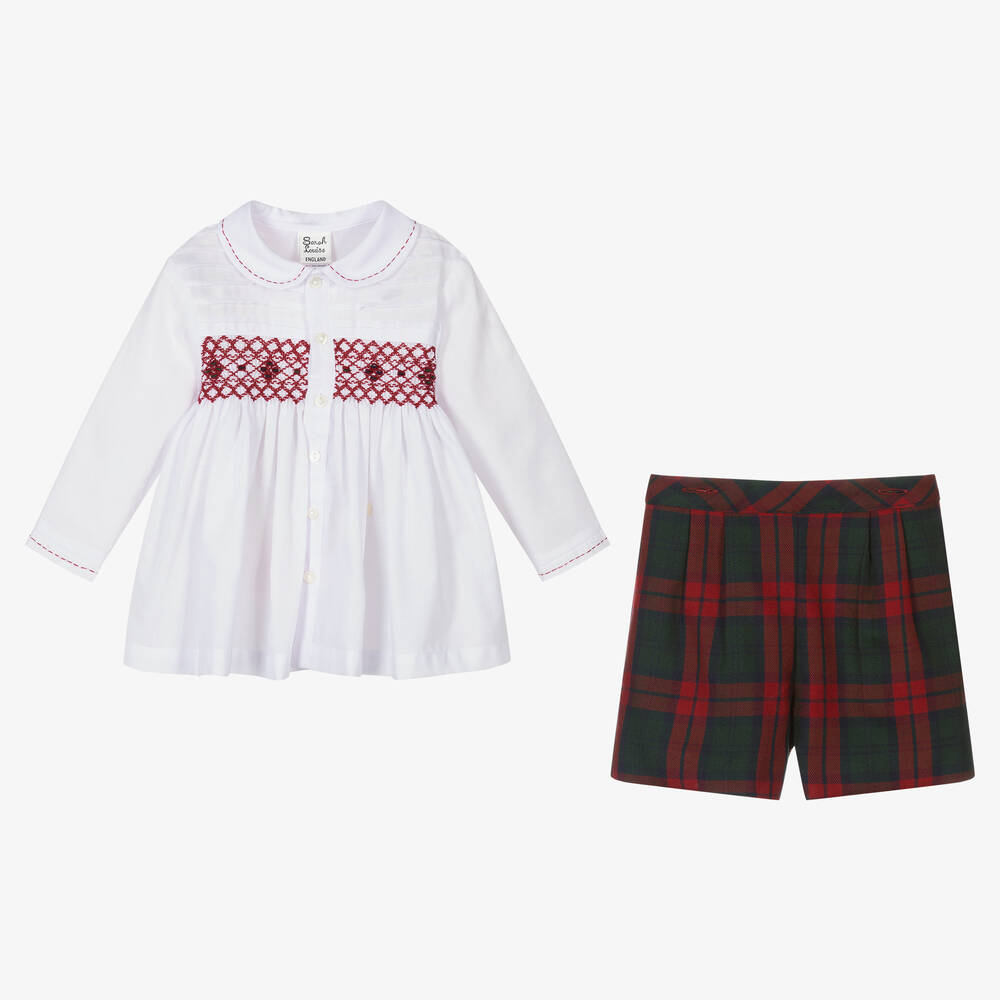 Sarah Louise-Boys White & Red Tartan Buster Suit | Childrensalon Outlet