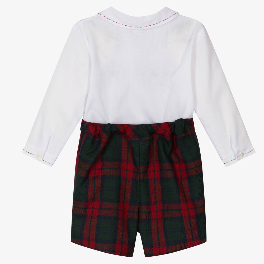 Sarah Louise-Boys White & Red Tartan Buster Suit | Childrensalon Outlet