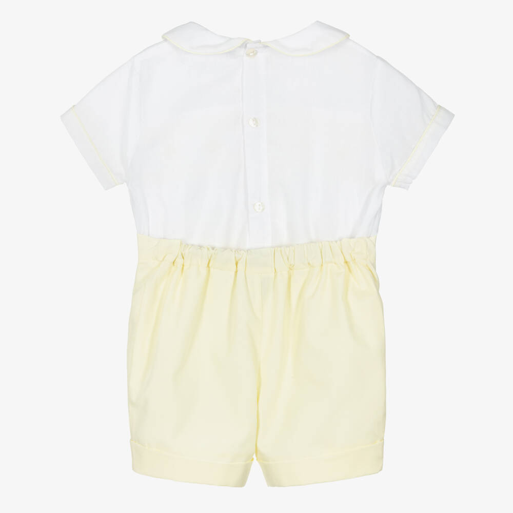 Sarah Louise-Boys White & Yellow Cotton Hand-Smocked Buster Suit | Childrensalon Outlet