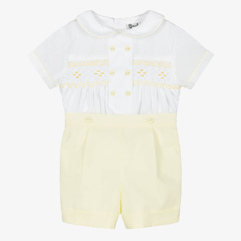 Sarah Louise-Boys White & Yellow Cotton Hand-Smocked Buster Suit | Childrensalon Outlet