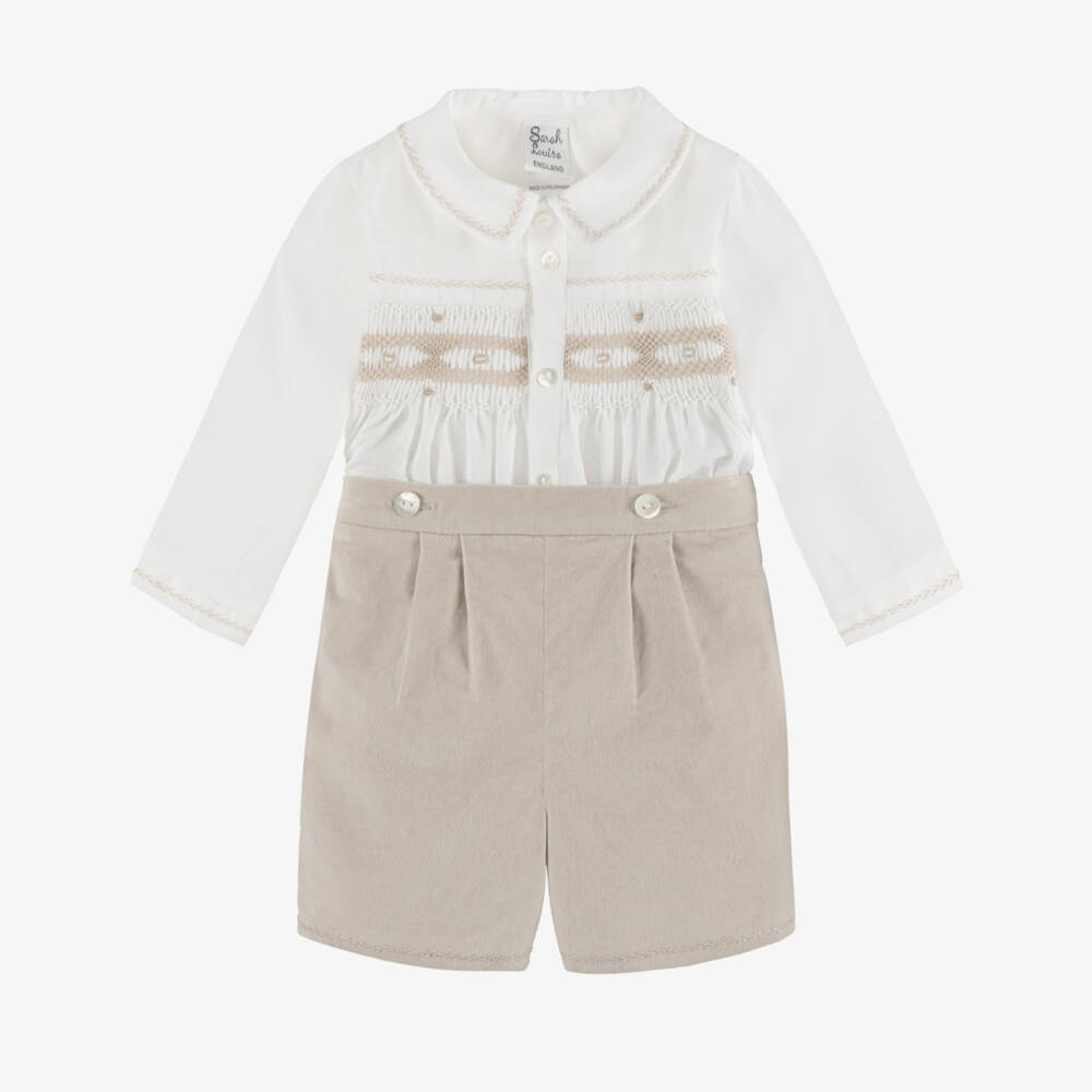 Sarah Louise-Exclusive Ivory & Beige Velvet Buster Suit | Childrensalon Outlet