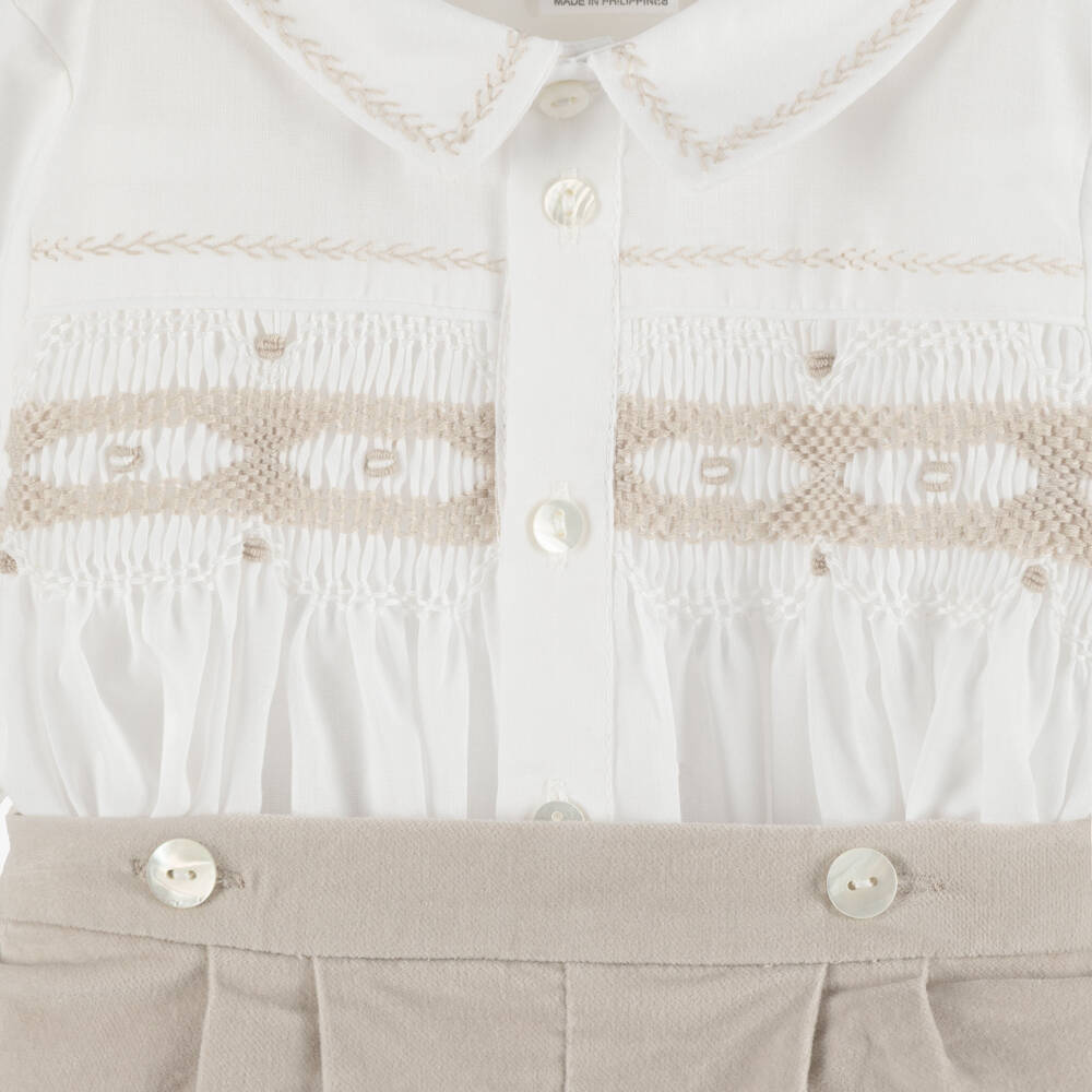 Sarah Louise-Exclusive Ivory & Beige Velvet Buster Suit | Childrensalon Outlet