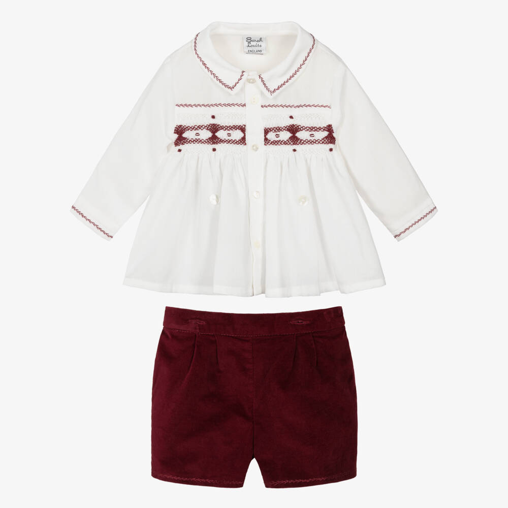 Sarah Louise-Exclusive Ivory & Burgundy Velvet Buster Suit | Childrensalon Outlet