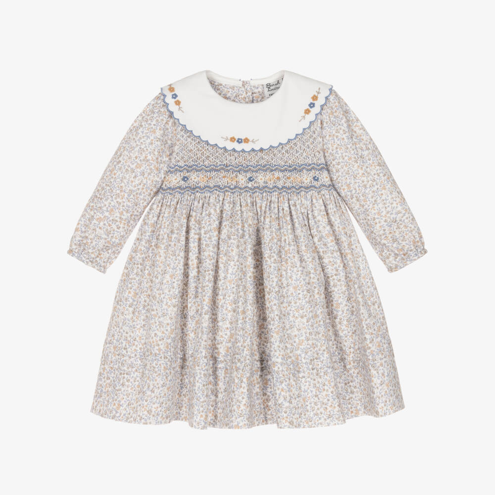 Sarah Louise-Girls Beige Floral Smocked Dress | Childrensalon Outlet