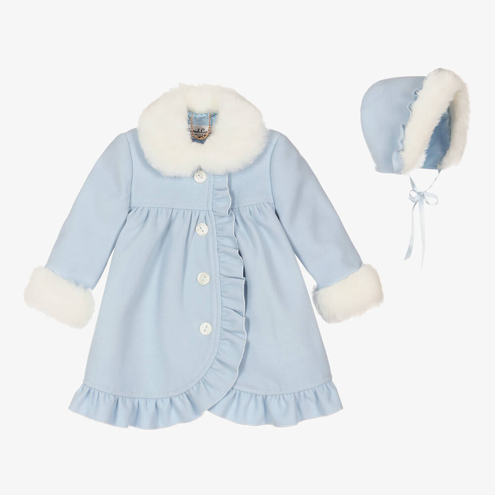 Sarah Louise - Girls Blue Coat & Bonnet Set | Childrensalon
