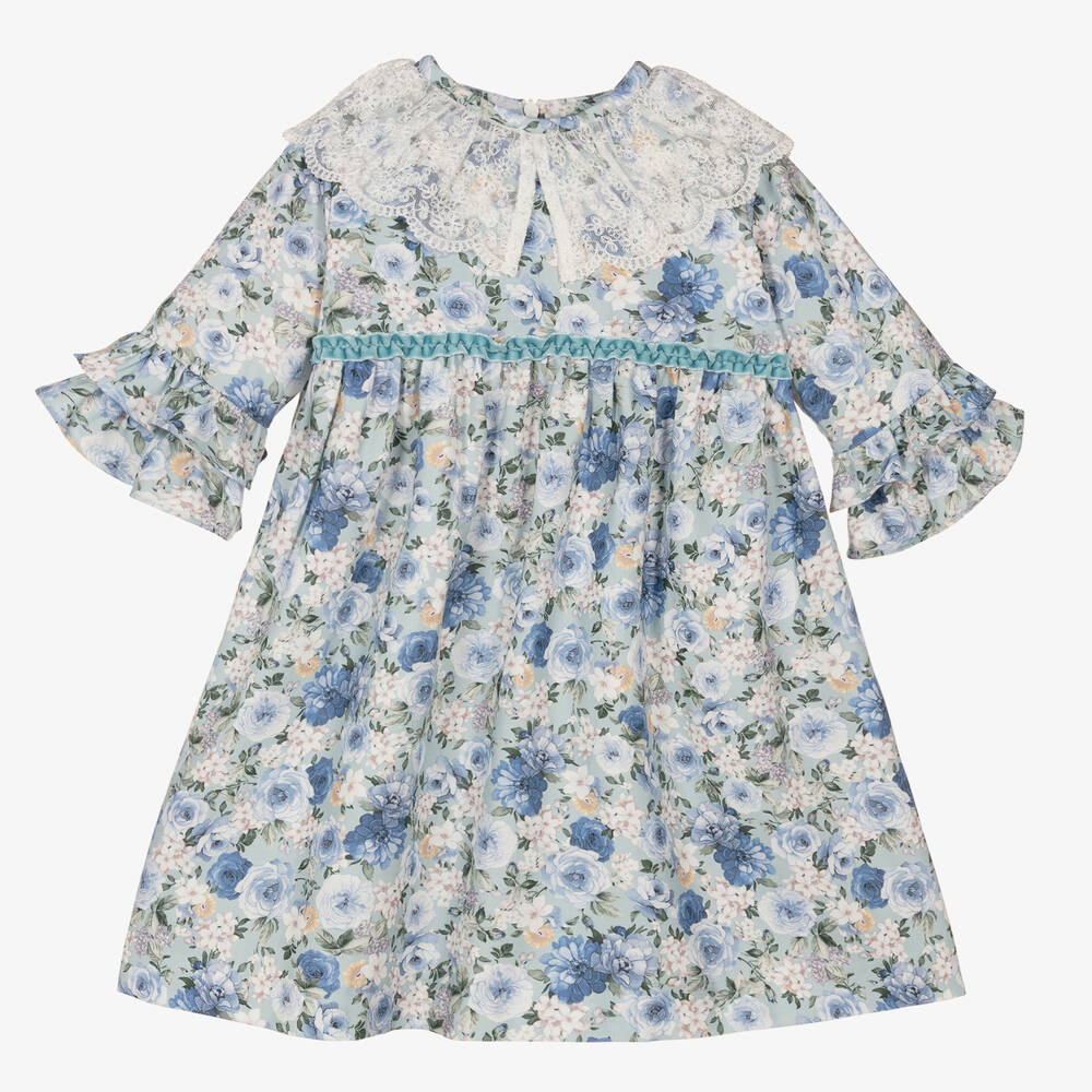 Sarah Louise - Girls Blue Cotton Floral Dress | Childrensalon