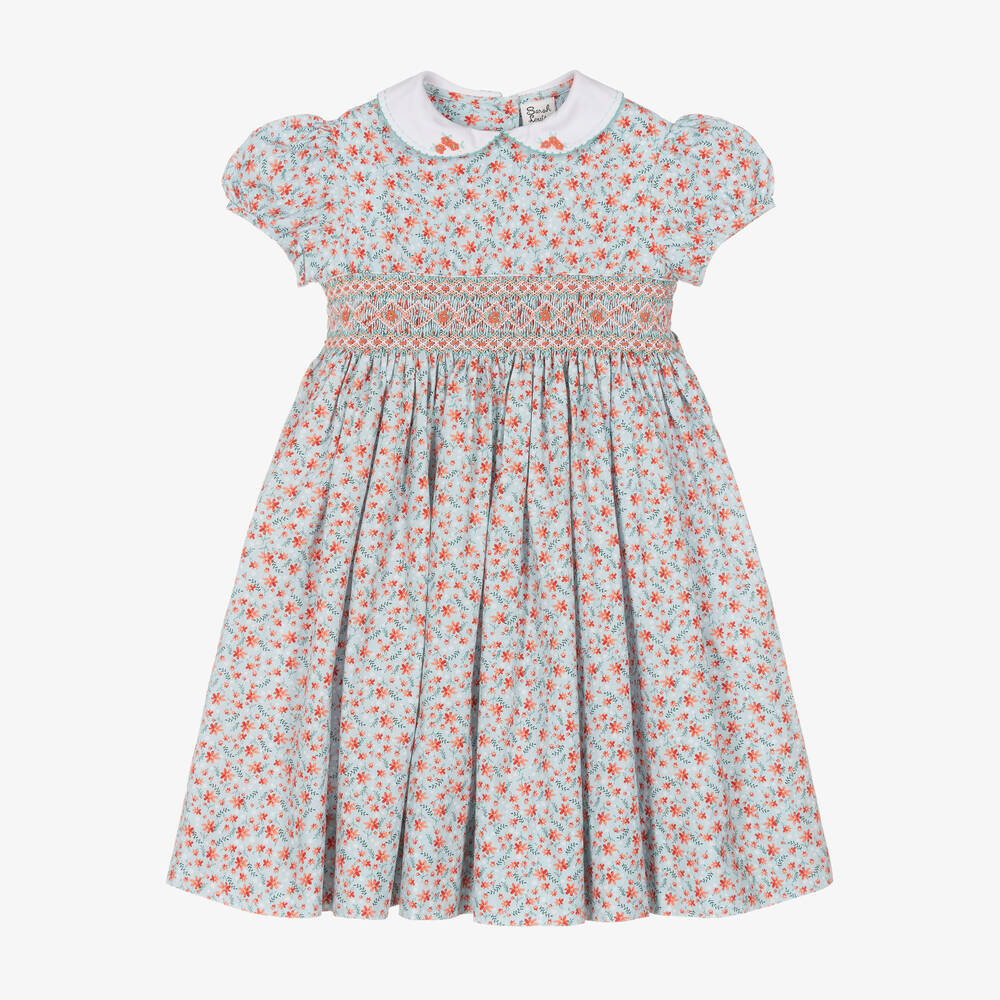 Sarah Louise - Girls Blue Cotton Floral Smocked Dress | Childrensalon