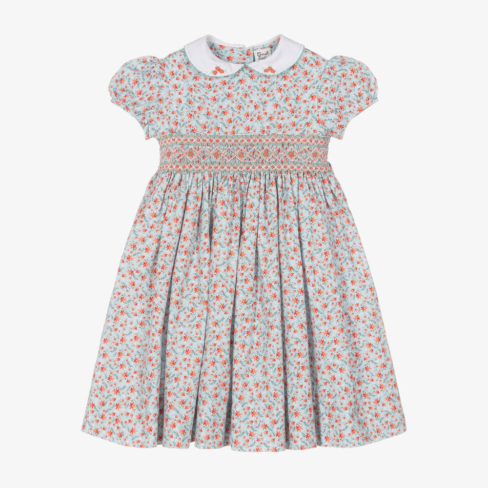 Sarah Louise - Robe coton bleu smocké à fleurs | Childrensalon