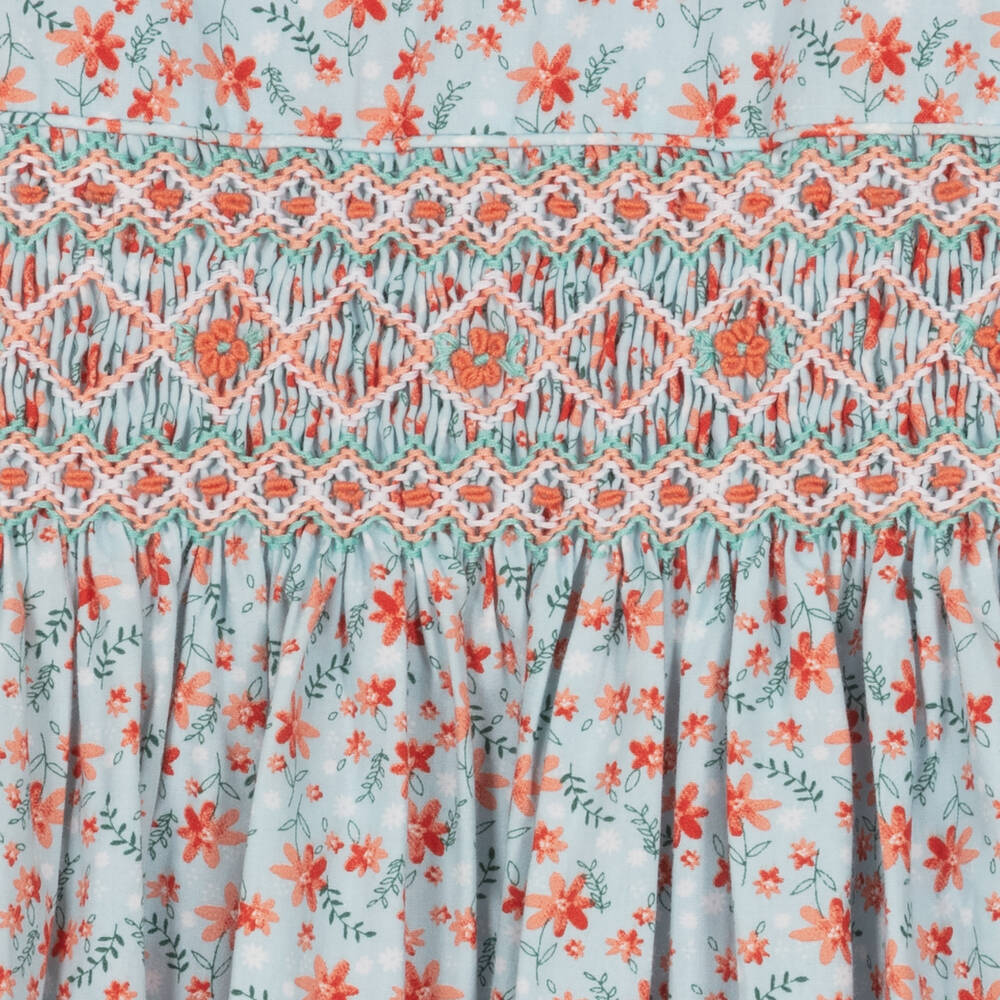 Sarah Louise-فستان مطرز سموكينغ قطن لون أزرق بطبعة ورود | Childrensalon Outlet