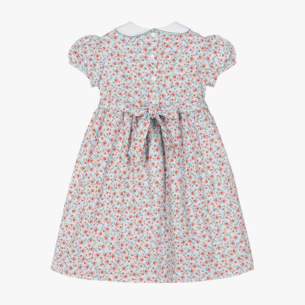 Sarah Louise-فستان مطرز سموكينغ قطن لون أزرق بطبعة ورود | Childrensalon Outlet