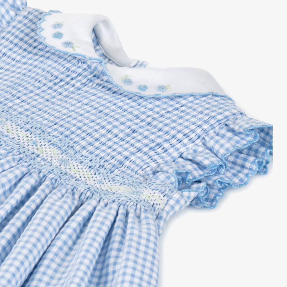 Sarah Louise-Girls Blue Cotton Gingham Smocked Dress | Childrensalon Outlet