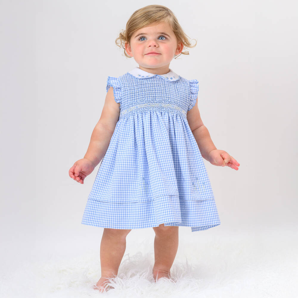 Sarah Louise-Girls Blue Cotton Gingham Smocked Dress | Childrensalon Outlet