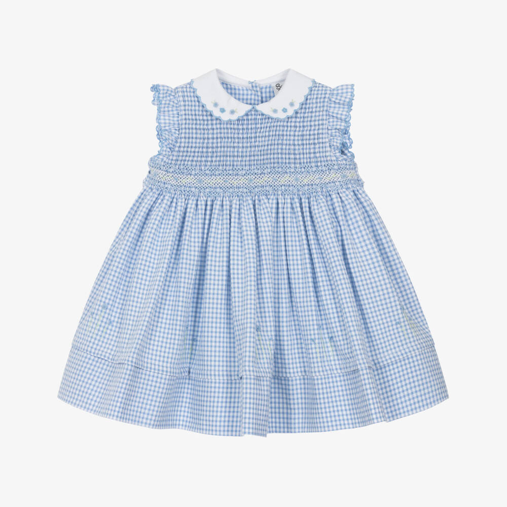 Sarah Louise-Girls Blue Cotton Gingham Smocked Dress | Childrensalon Outlet