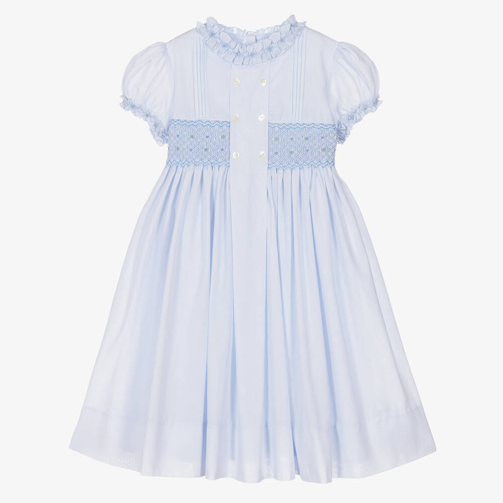 Sarah Louise - Girls Blue Cotton Hand-Smocked Dress  | Childrensalon