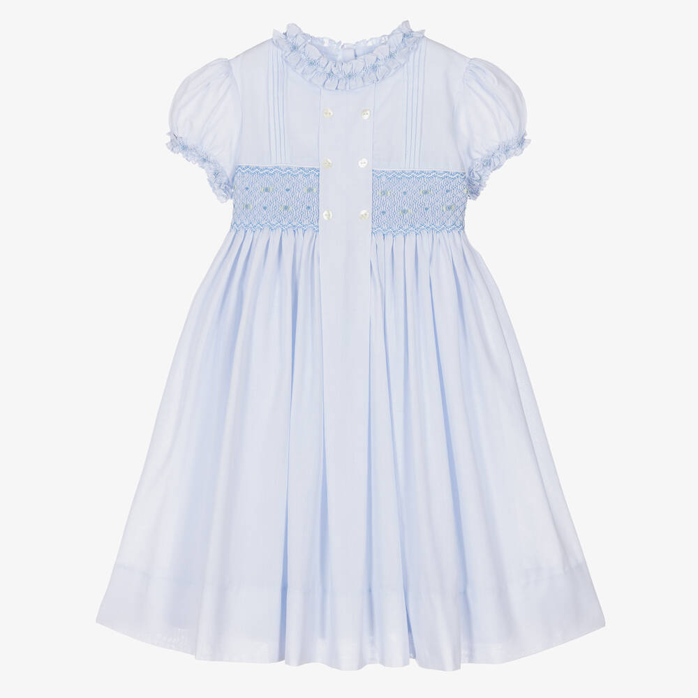 Sarah Louise - Robe bleue smockée en coton fille  | Childrensalon