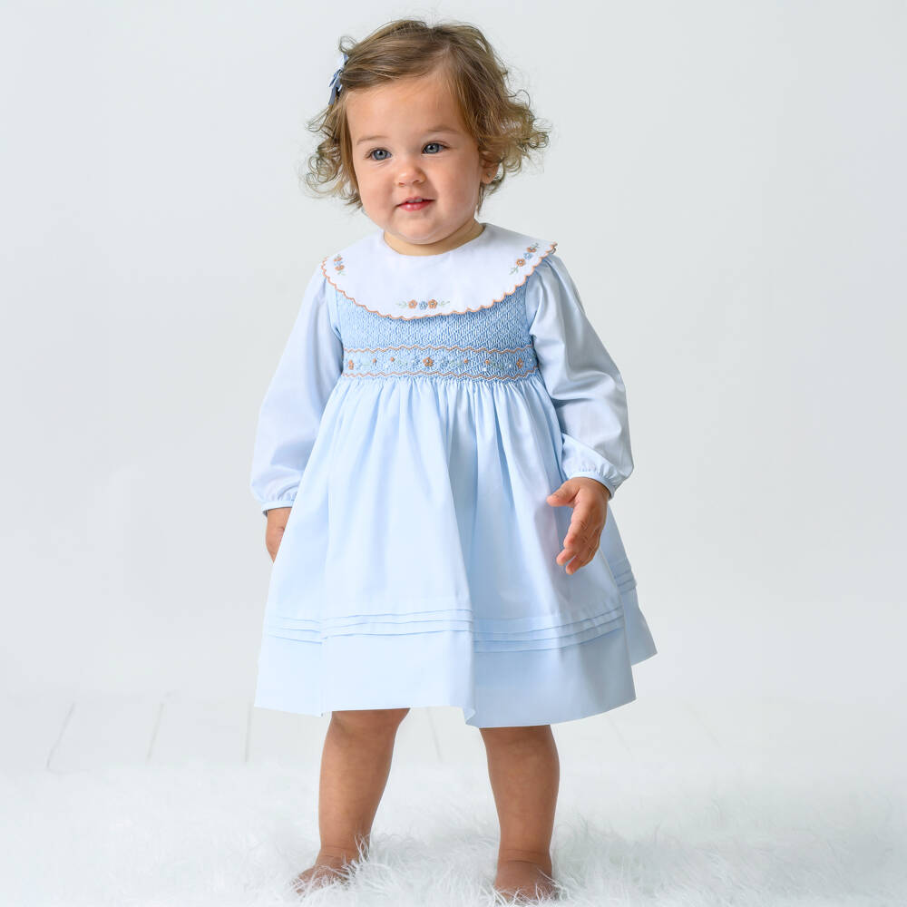 Sarah Louise-Girls Blue Cotton Hand-Smocked Dress | Childrensalon Outlet