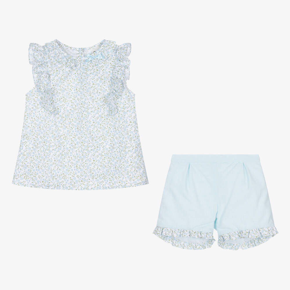 Sarah Louise-Girls Blue Ditsy Floral Cotton Shorts Set | Childrensalon Outlet