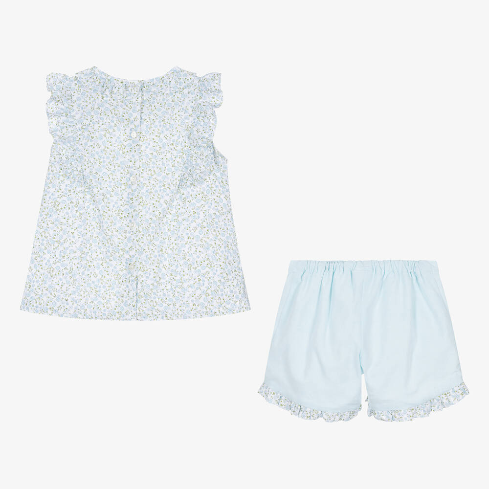 Sarah Louise-Girls Blue Ditsy Floral Cotton Shorts Set | Childrensalon Outlet