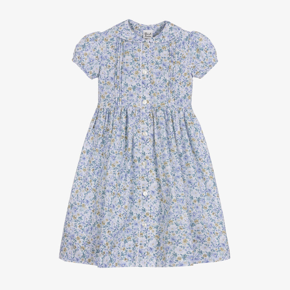 Sarah Louise - Girls Blue Floral Cotton Dress | Childrensalon