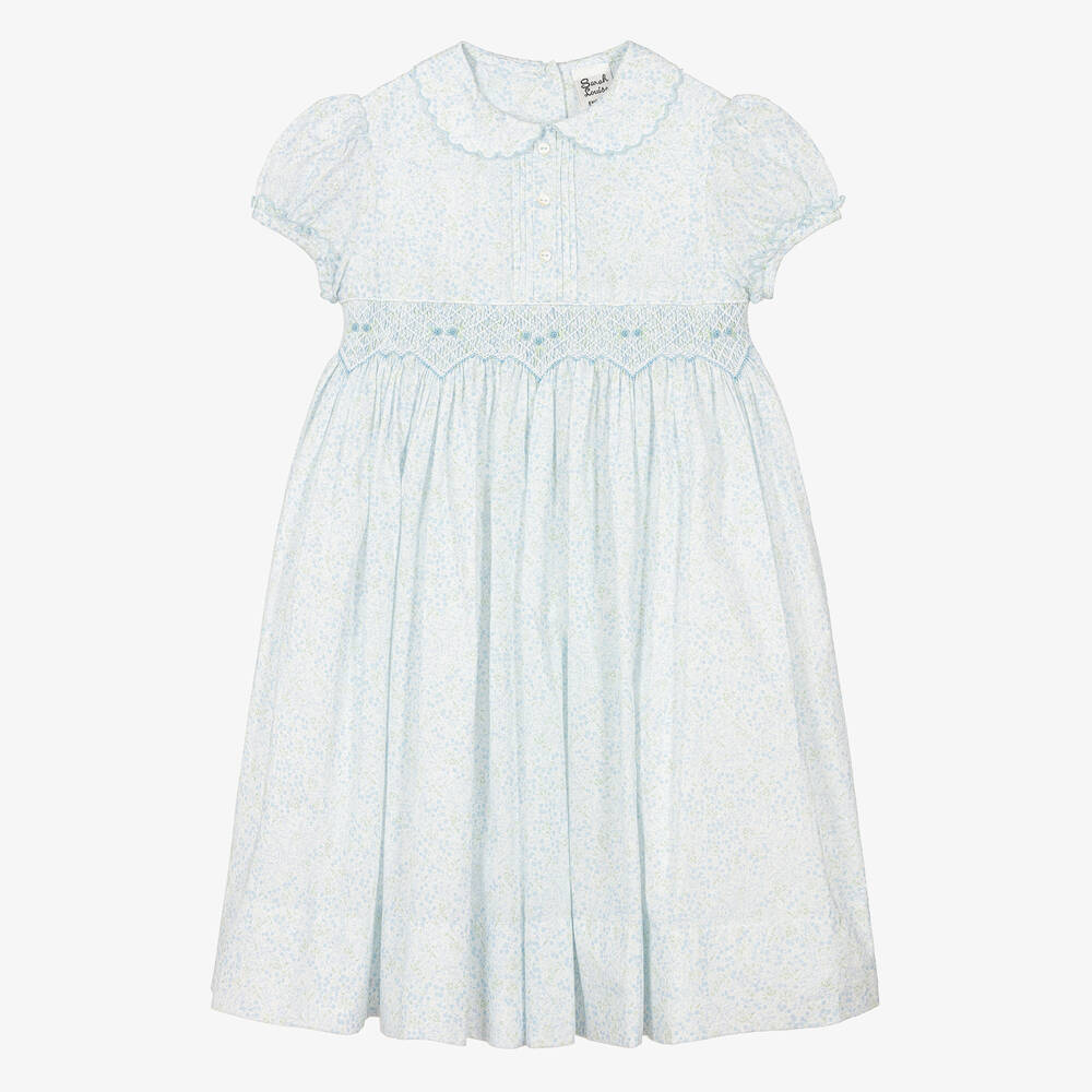 Sarah Louise - Girls Blue Floral Hand-Smocked Cotton Dress | Childrensalon