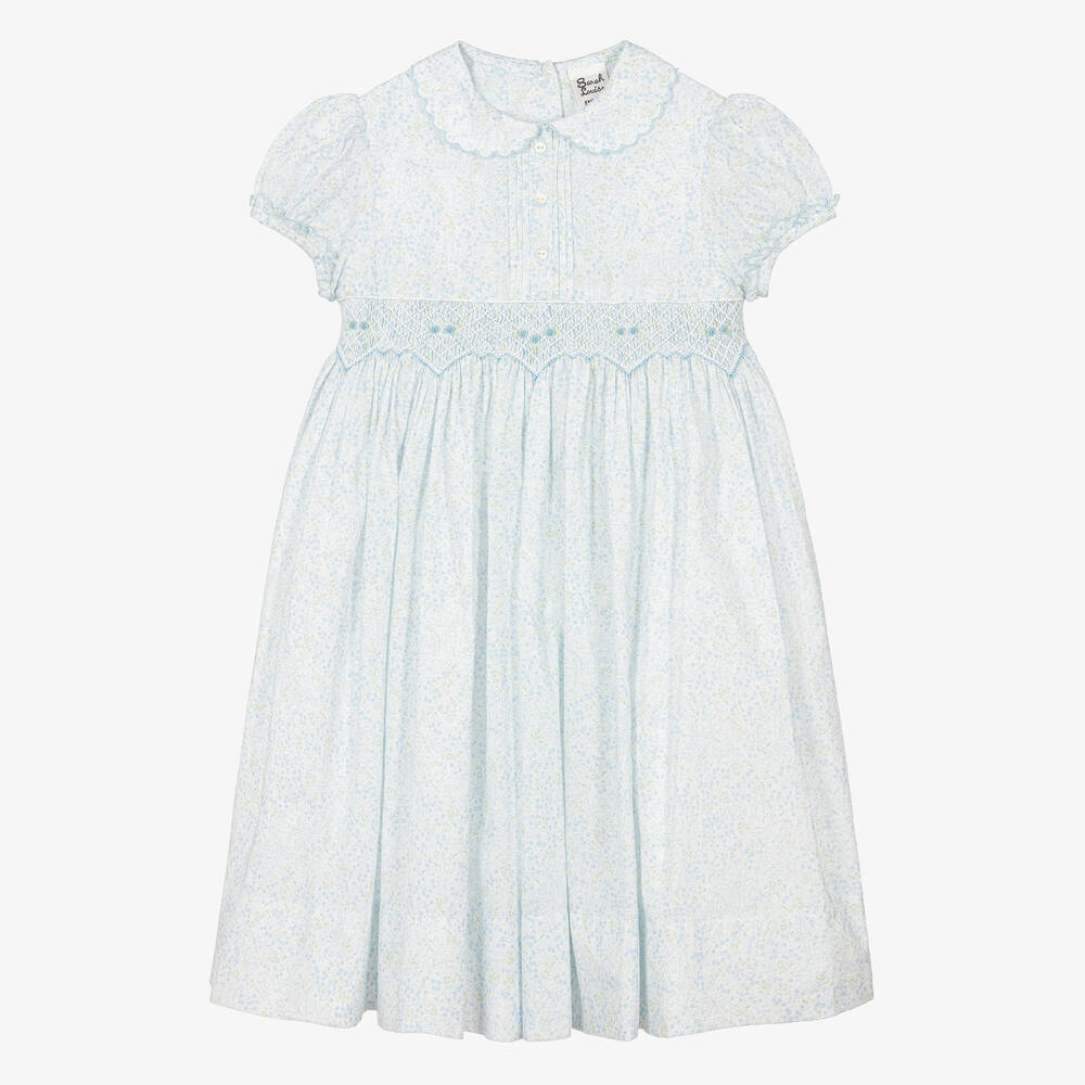 Sarah Louise - Handgesmoktes Blumenkleid in Blau | Childrensalon