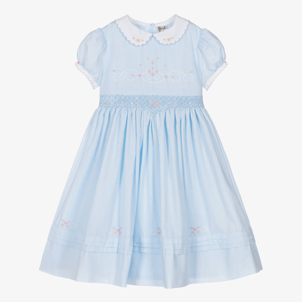 Sarah Louise - Голубое платье в цветочек со сборками ручной работы | Childrensalon