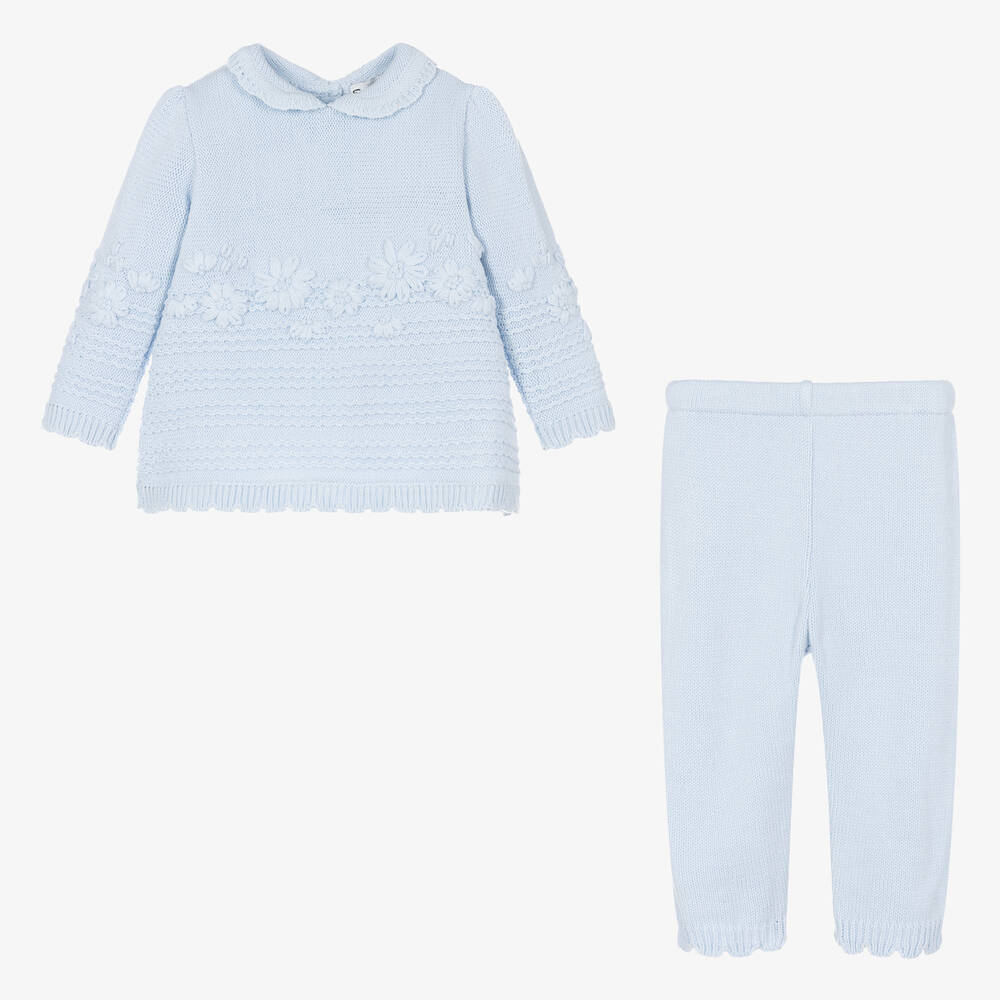 Sarah Louise-Girls Blue Floral Knitted Trouser Set | Childrensalon Outlet