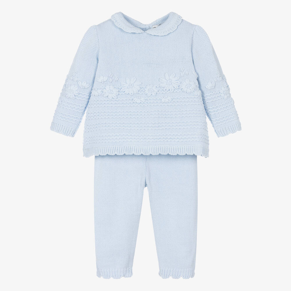 Sarah Louise - Girls Blue Floral Knitted Trouser Set | Childrensalon