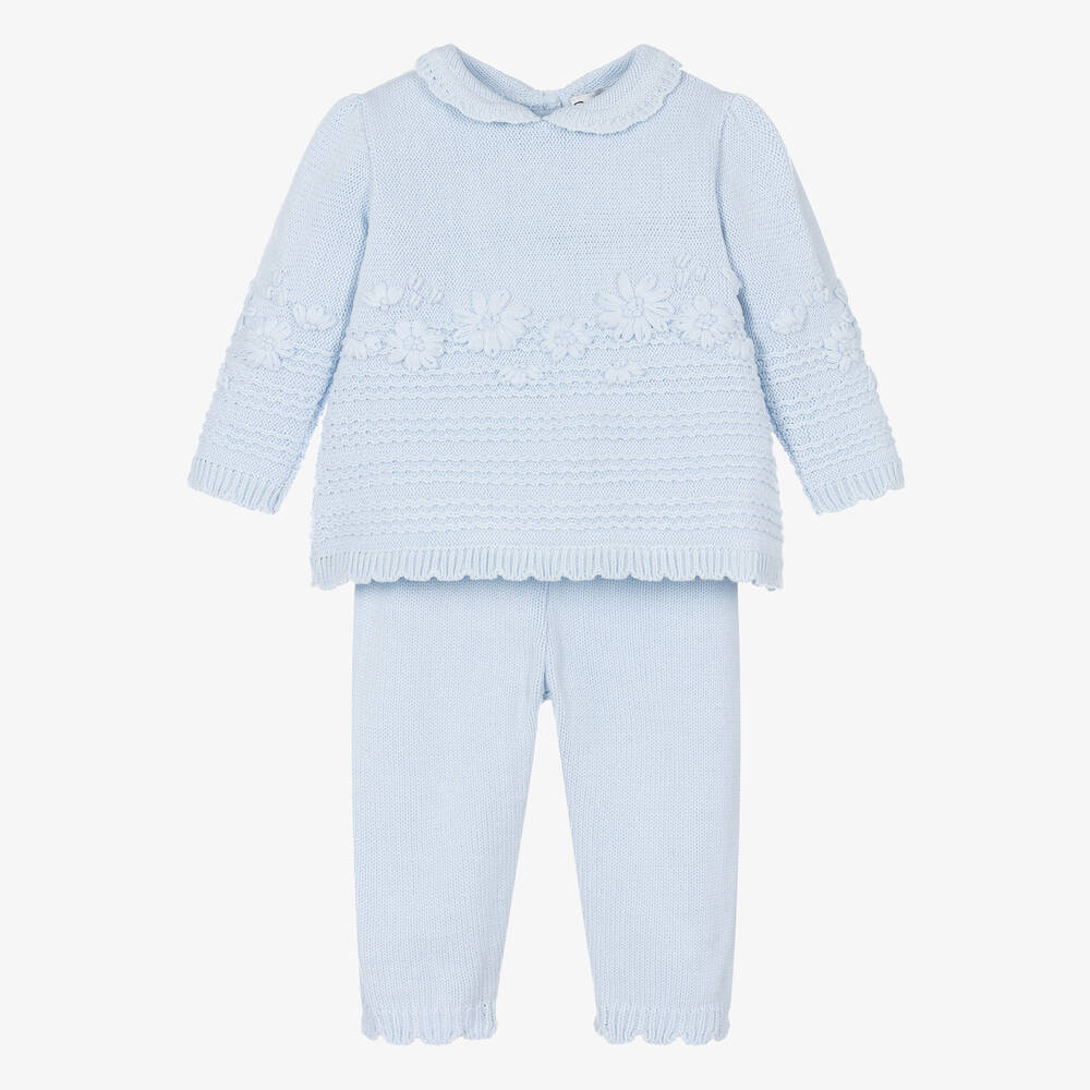 Sarah Louise - Blaues Strickhosen-Set mit Blumen | Childrensalon