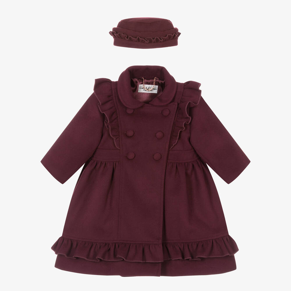 Sarah Louise - Girls Burgundy Red Coat & Hat Set | Childrensalon