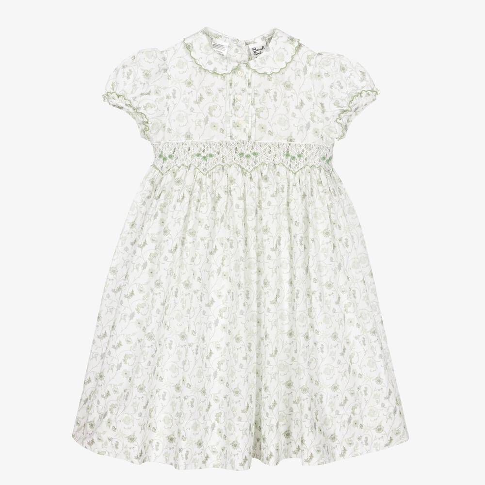 Sarah Louise - Girls Green Cotton Floral Smocked Dress | Childrensalon