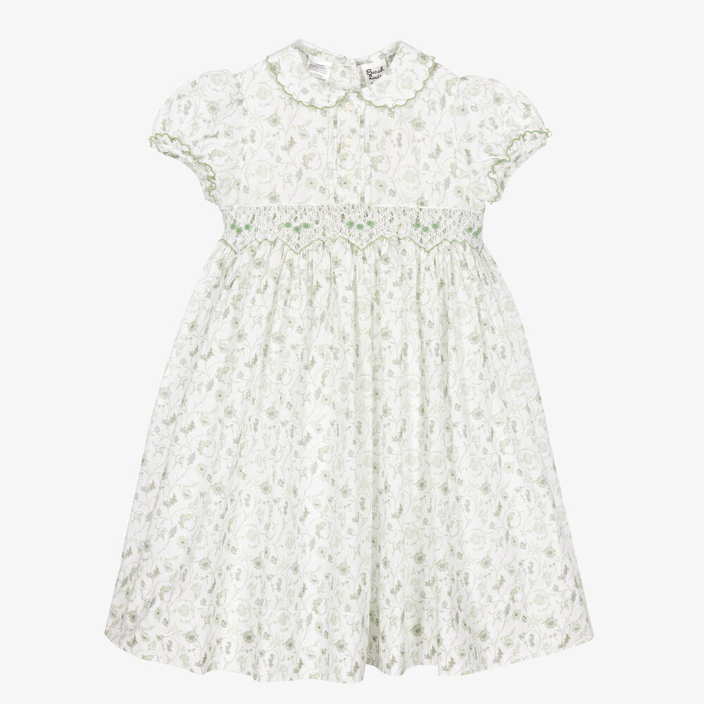 Sarah Louise-Girls Green Cotton Floral Smocked Dress | Childrensalon Outlet