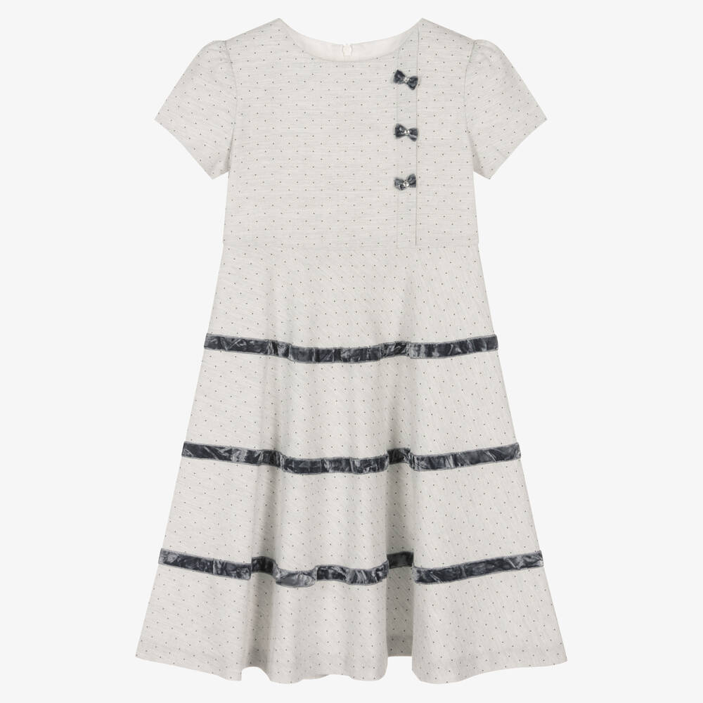 Sarah Louise - Girls Grey Velvet Trim Dress | Childrensalon