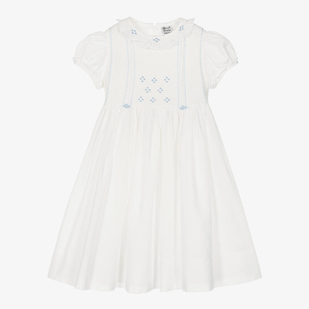 Sarah Louise - Girls Ivory & Blue Cotton Hand-Smocked Dress | Childrensalon