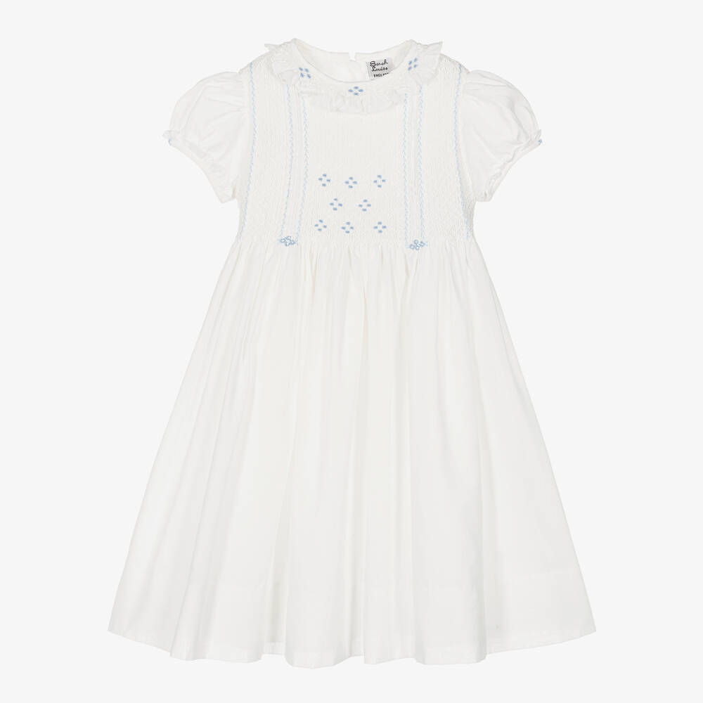 Sarah Louise-Girls Ivory & Blue Cotton Hand-Smocked Dress | Childrensalon Outlet