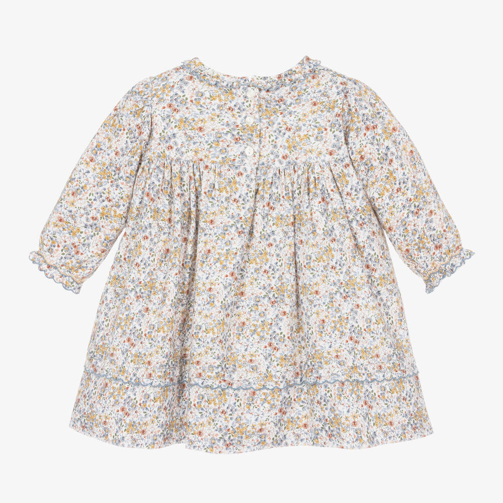 Sarah Louise-Girls Ivory & Blue Floral Cotton Dress | Childrensalon Outlet