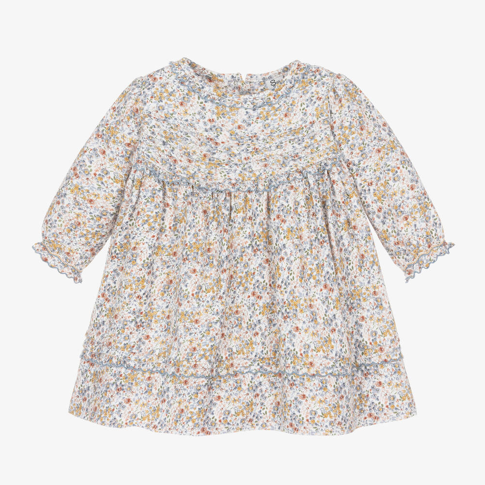 Sarah Louise - Girls Ivory & Blue Floral Cotton Dress | Childrensalon
