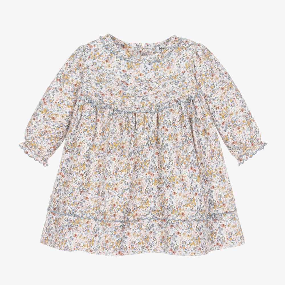 Sarah Louise-Girls Ivory & Blue Floral Cotton Dress | Childrensalon Outlet