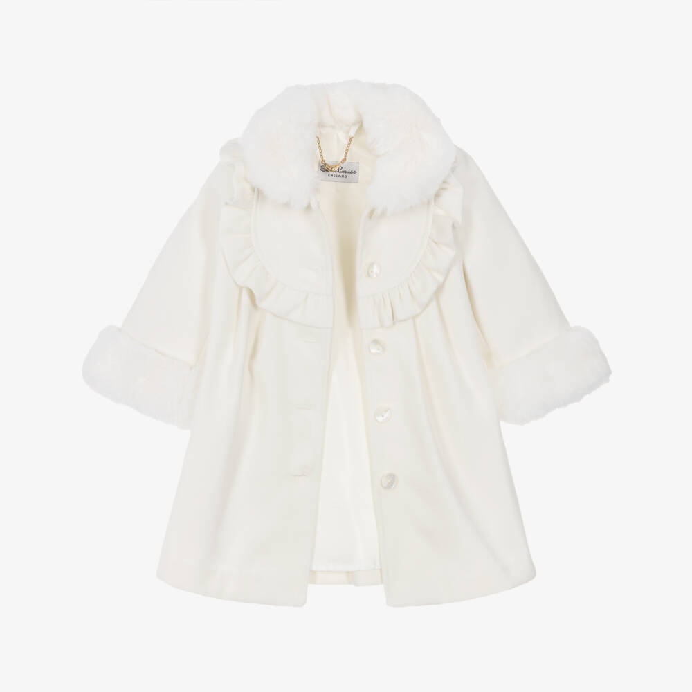 Sarah Louise-Girls Ivory Faux Fur Trim Coat & Hat Set | Childrensalon Outlet
