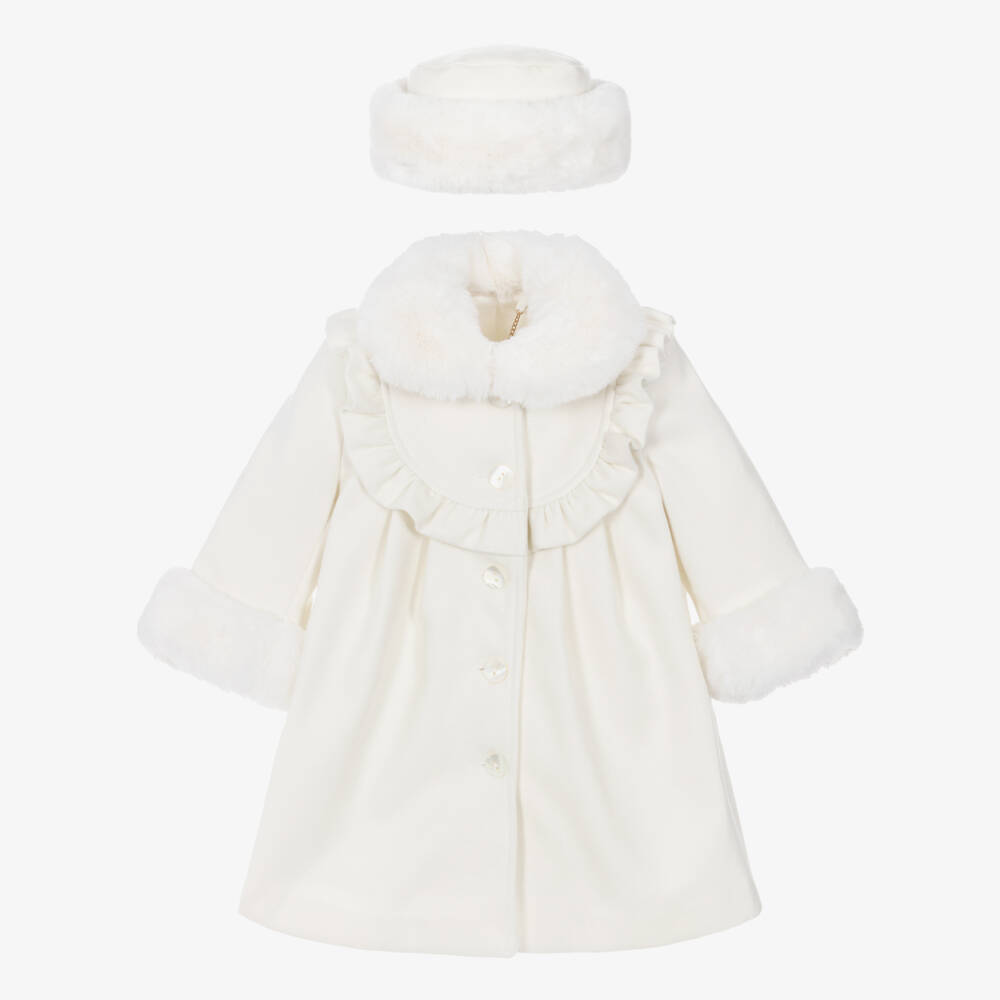 Sarah Louise-Girls Ivory Faux Fur Trim Coat & Hat Set | Childrensalon Outlet