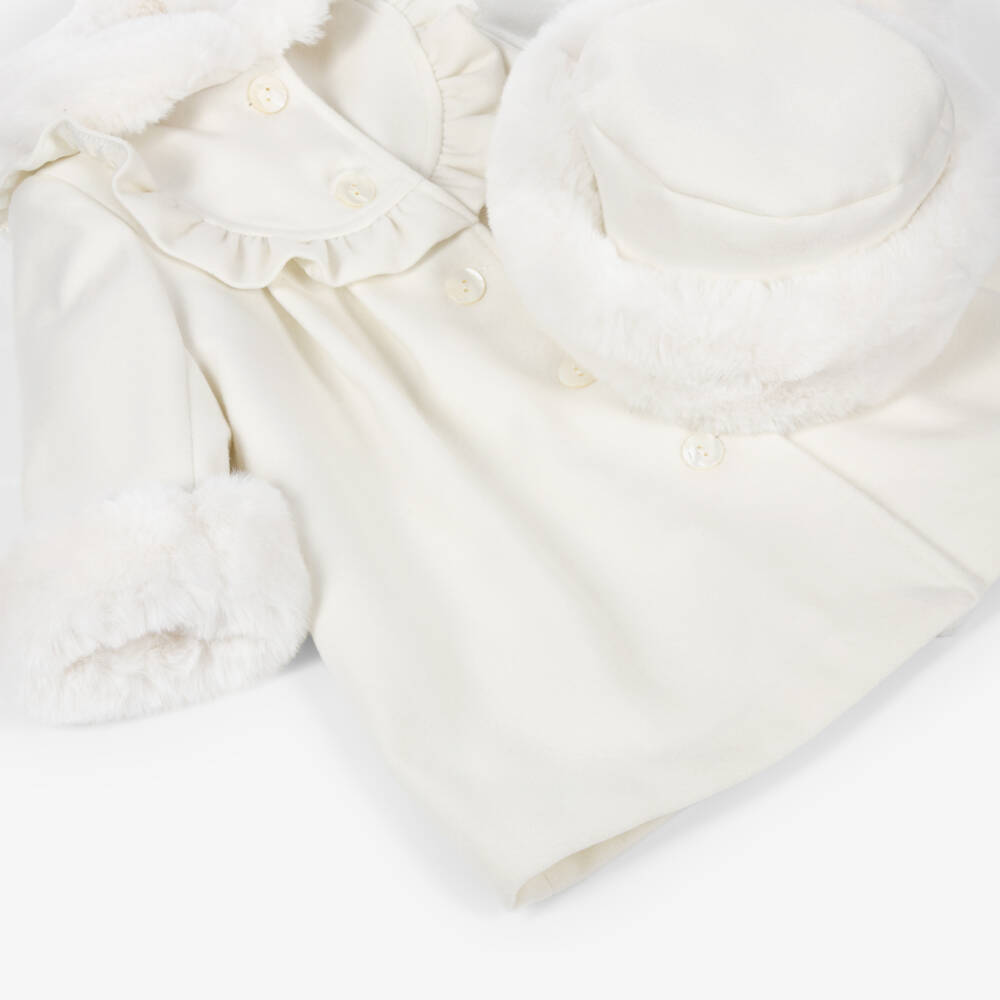 Sarah Louise-Girls Ivory Faux Fur Trim Coat & Hat Set | Childrensalon Outlet