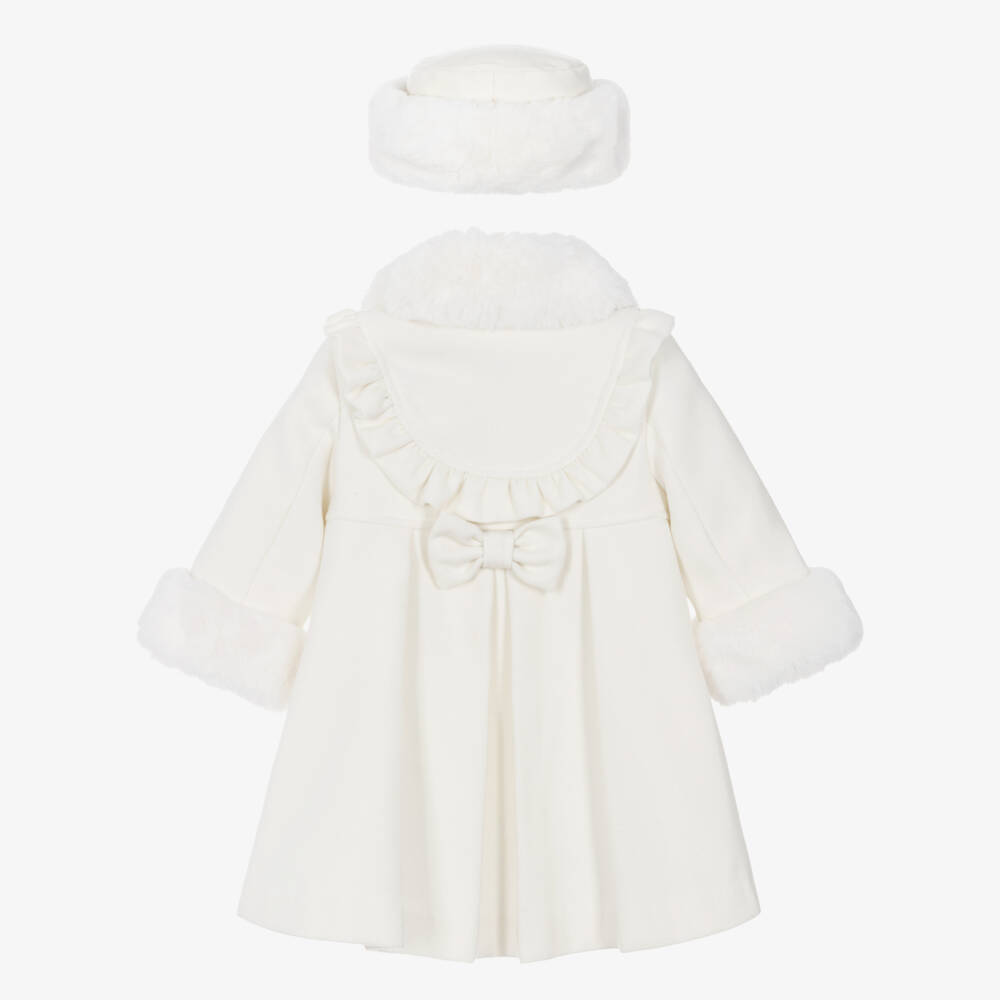 Sarah Louise-Girls Ivory Faux Fur Trim Coat & Hat Set | Childrensalon Outlet