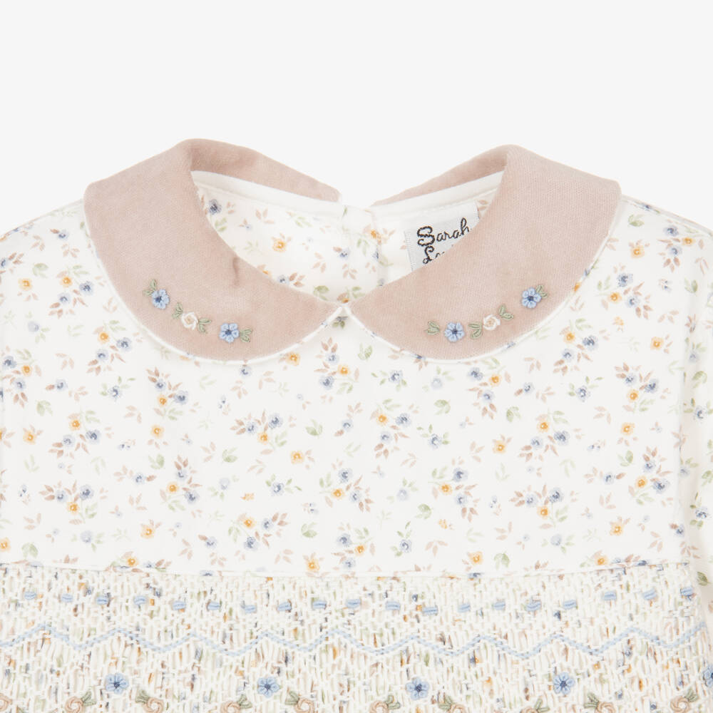 Sarah Louise-Girls Ivory Floral Smocked Cotton Dress | Childrensalon Outlet