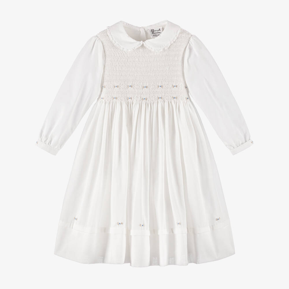 Sarah Louise-Girls Ivory Hand-Smocked Dress with Blue Floral Embroidery | Childrensalon Outlet