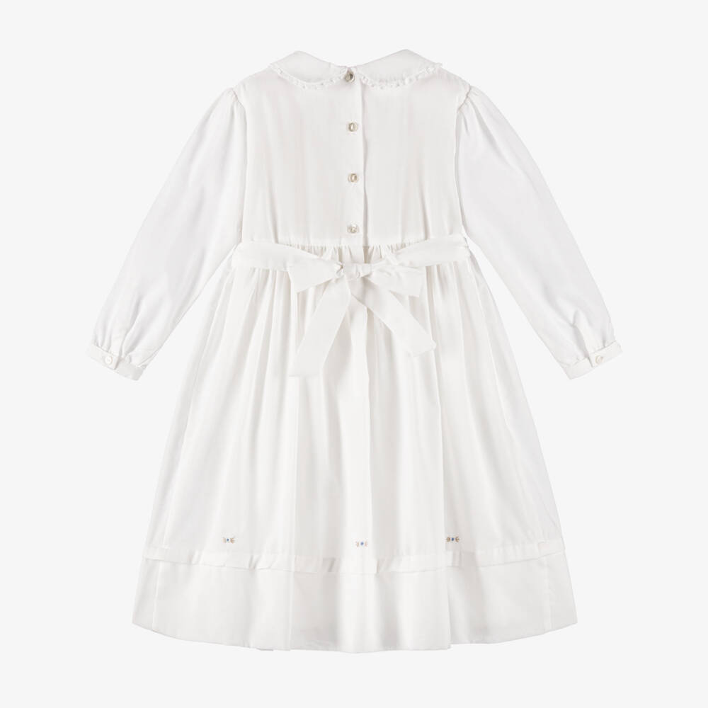 Sarah Louise-Girls Ivory Hand-Smocked Dress with Blue Floral Embroidery | Childrensalon Outlet
