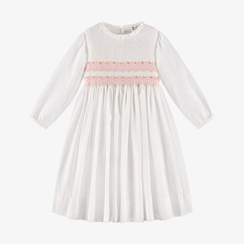Sarah Louise-Girls Ivory Hand-Smocked Dress with Pink Embroidery | Childrensalon Outlet
