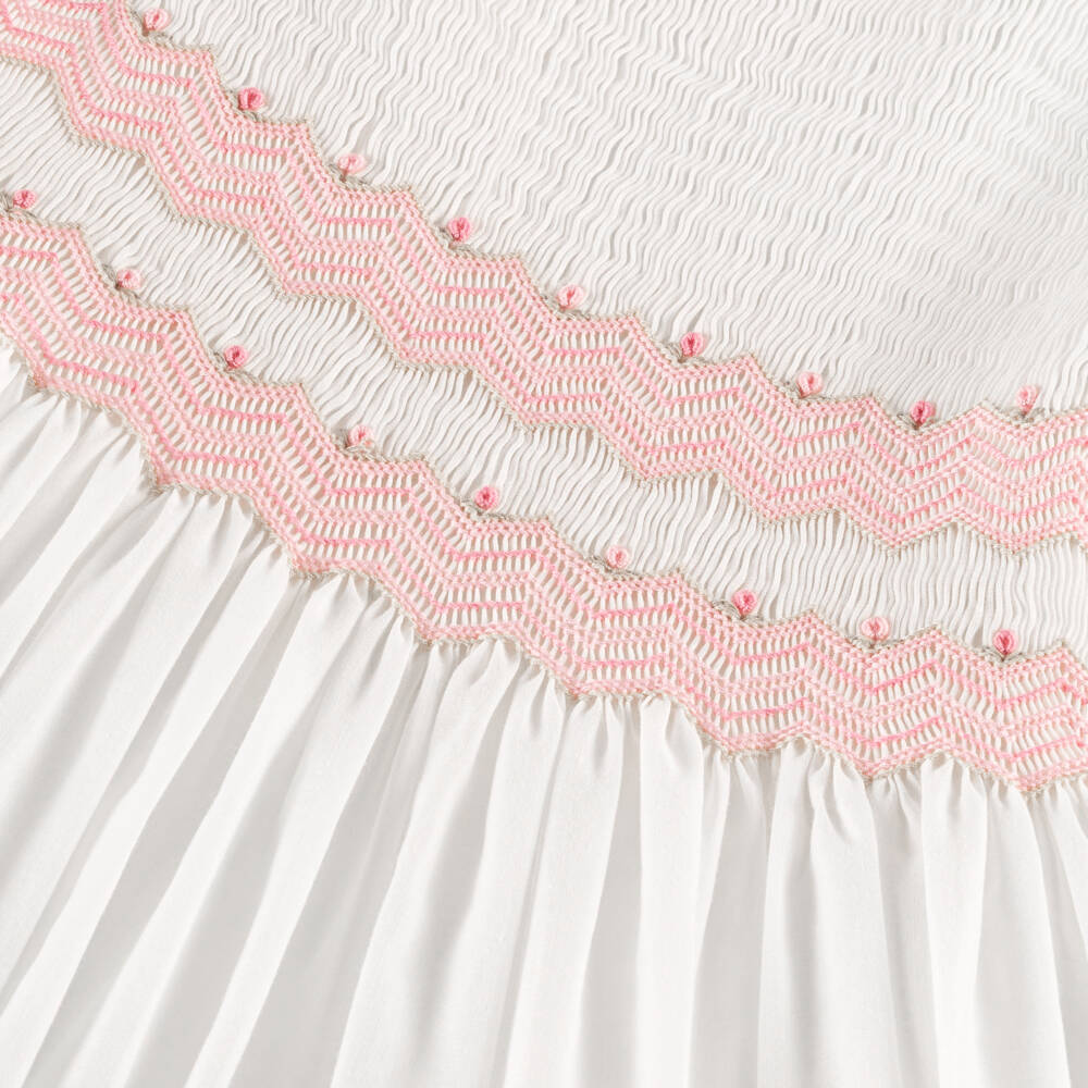 Sarah Louise-Girls Ivory Hand-Smocked Dress with Pink Embroidery | Childrensalon Outlet